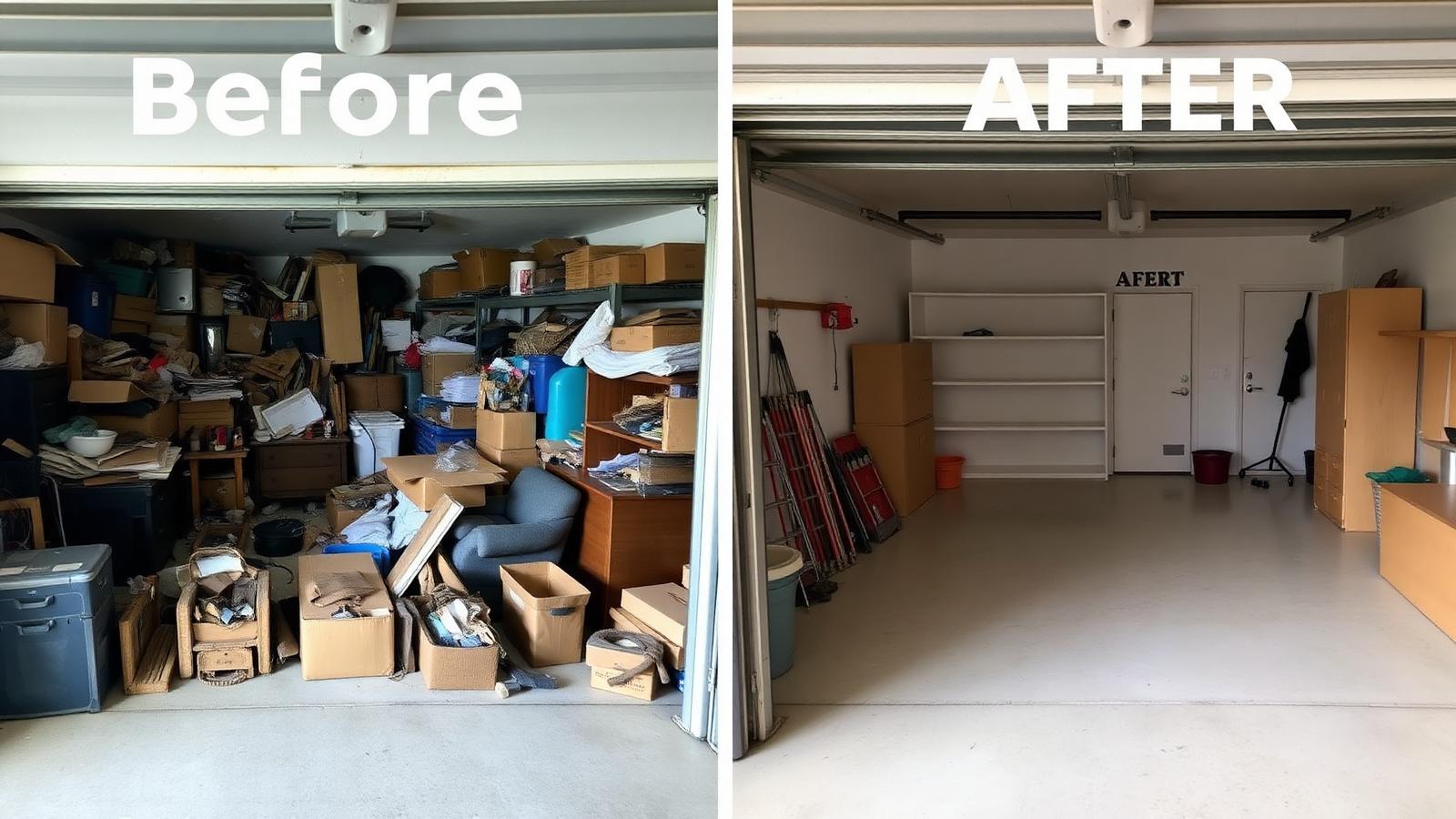 Cluttered garage transformed into a clean empty space