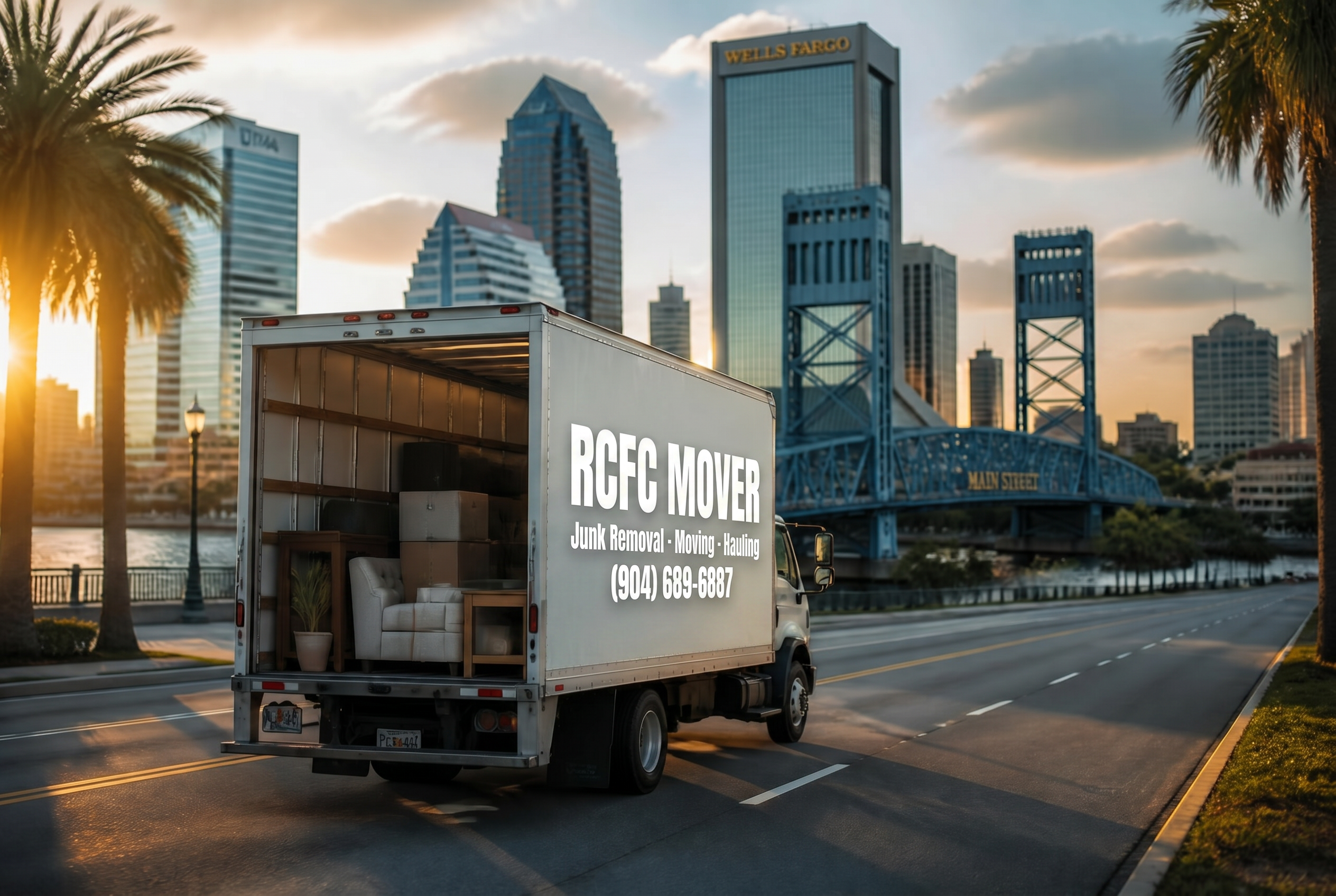 RCFC Mover truck hauling across the Main Street Bridge in Jacksonville, Florida
